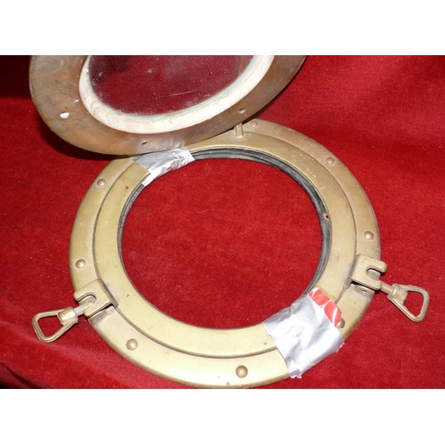 61 - 2 VINTAGE BRASS PORTHOLES, 1 WITH GLASS PANEL