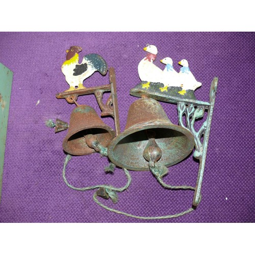 64 - 2 VINTAGE CAST IRON BELLS ON WALL BRACKETS WITH DUCKS AND CHICKENS