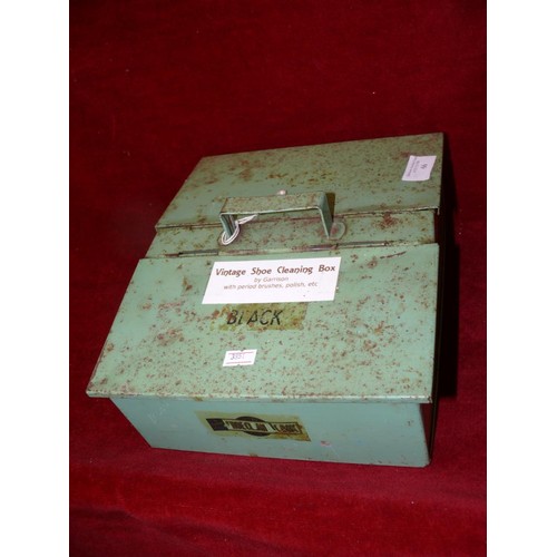 66 - VINTAGE GREEN METAL SHOE CLEANING BOX WITH CONTENTS OF SHOE CLEANING