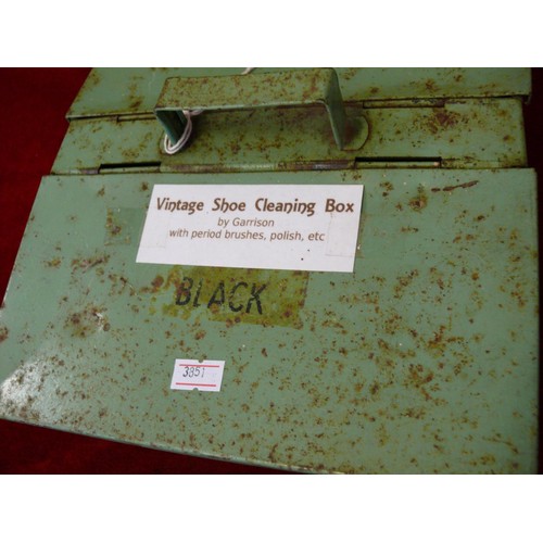 66 - VINTAGE GREEN METAL SHOE CLEANING BOX WITH CONTENTS OF SHOE CLEANING