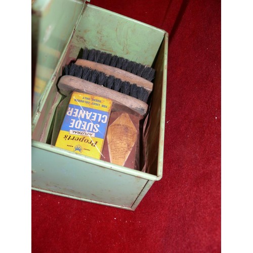 66 - VINTAGE GREEN METAL SHOE CLEANING BOX WITH CONTENTS OF SHOE CLEANING