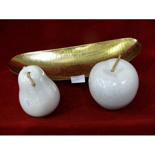 75 - GOLD COLOURED FRUIT BOWL WITH LARGE CERAMIC PEARLESCENT   APPLE AND PEAR