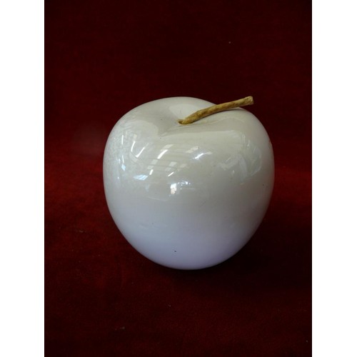 75 - GOLD COLOURED FRUIT BOWL WITH LARGE CERAMIC PEARLESCENT   APPLE AND PEAR