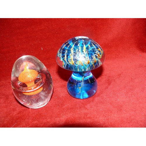 80 - BLUE MDINA GLASS MUSHROOM PAPERWEIGHT PLUS ONE OTHER