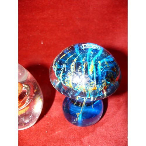 80 - BLUE MDINA GLASS MUSHROOM PAPERWEIGHT PLUS ONE OTHER