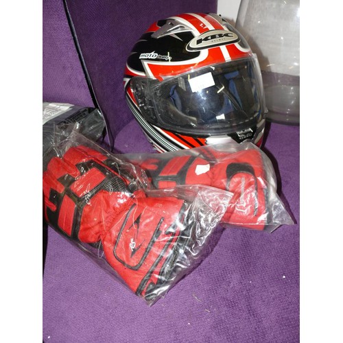 115 - KBC RED MOTORCYCLE HELMET PLUS 2 PAIRS OF NEW GLOVES