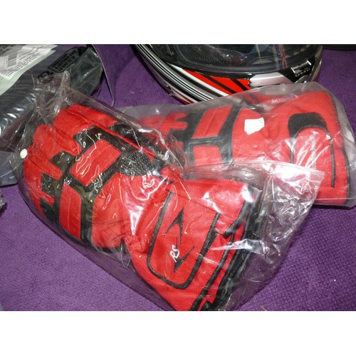 115 - KBC RED MOTORCYCLE HELMET PLUS 2 PAIRS OF NEW GLOVES