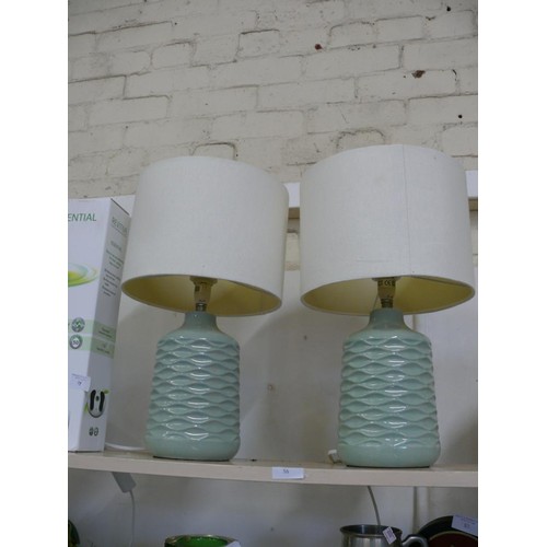 86 - 2 MATCHING TABLE LAMPS WITH LOVELY SAGE GREEN CERAMIC BASES AND CREAM CIRCULAR SHADES