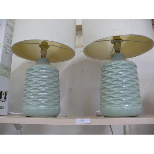 86 - 2 MATCHING TABLE LAMPS WITH LOVELY SAGE GREEN CERAMIC BASES AND CREAM CIRCULAR SHADES