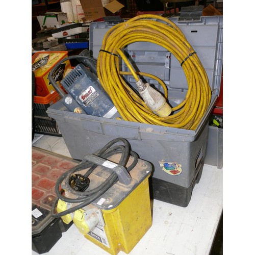 181 - 110 VOLT ROUTER WITH A BOX OF BLADES PLUS 110VOLT TRANSFORMER AND YELLOW EXTENSION LEAD