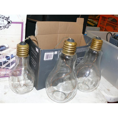 185 - 3 LARGE LIGHT BULB STYLE LIGHTS PLUS A BOXED WINE RACK AND A METAL SHOE SHINE BOX WITH CONTENTS OF S... 