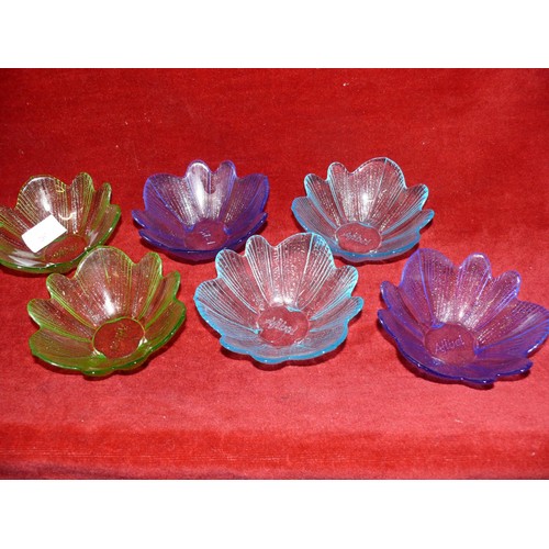 207 - SET OF 6 COLOURED GLASS PETAL SHAPED BOWLS IN BLUE AND GREEN