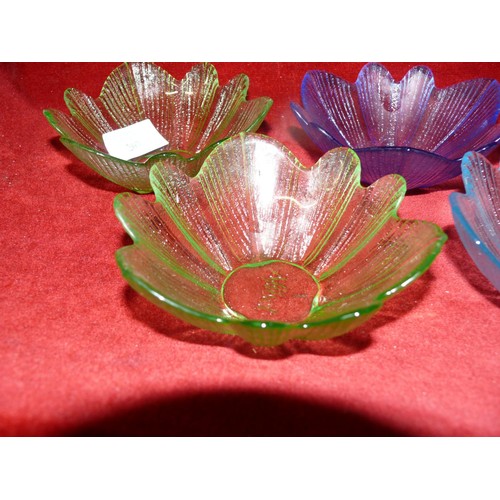 207 - SET OF 6 COLOURED GLASS PETAL SHAPED BOWLS IN BLUE AND GREEN