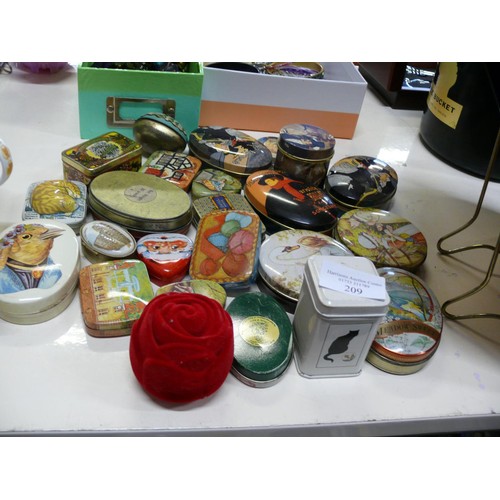 209 - LARGE COLLECTION OF VARIOUS DECORATIVE TINS, PILL BOXES ETC