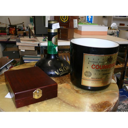 211 - LARGE COURVOISIER ICE BUCKET BOTTLE WITH TOOL IN LID AND A BOXED CORKSCREW SET