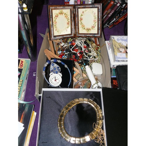 165 - LARGE MIXED BOX OF COSTUME JEWELLERY TO INCLUDE WATCHES, DOUBLE PHOTO FRAME, THICK GOLD CHOKER AND B... 