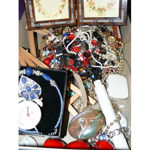 165 - LARGE MIXED BOX OF COSTUME JEWELLERY TO INCLUDE WATCHES, DOUBLE PHOTO FRAME, THICK GOLD CHOKER AND B... 