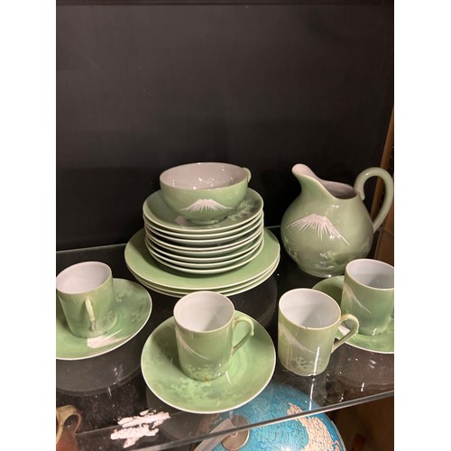 234 - BEAUTIFUL MID CENTURY JAPANESE PORCELAIN TEASET IN JADE COLOUR HANDPAINTED WITH MOUNT FUJI DESIGN.