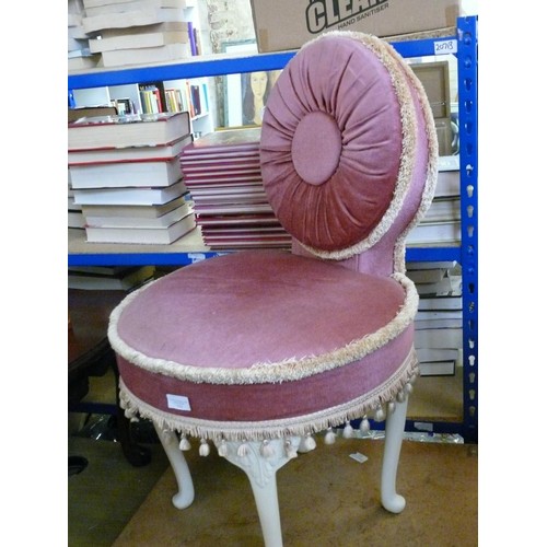 352 - VERY PRETTY BEDROOM CHAIR IN PINK WITH PLEATED BACK AND GOLD FRINGE