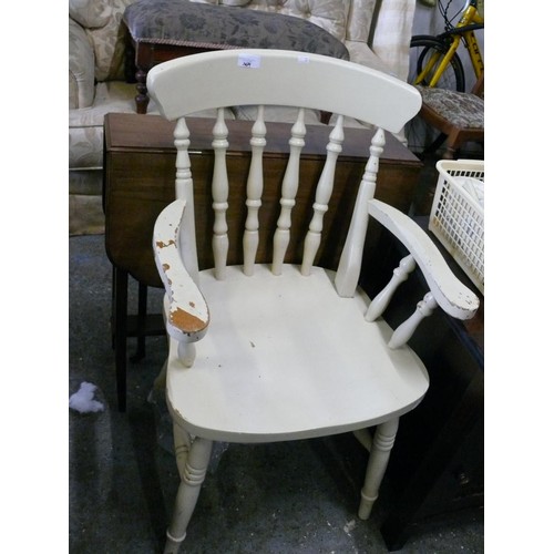 369 - PINE CARVER CHAIR. CREAM PAINTED WITH CUSHION