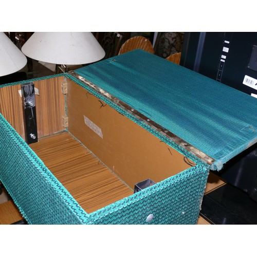 361 - GREEN RECTANGLE WORKBOX WITH HINGED  ON METAL FRAME