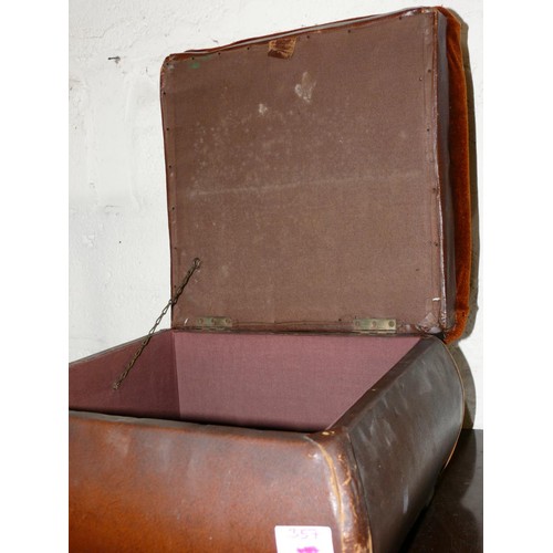 357 - RETRO LEATHER FINISHED WORKBOX/STOOL  WITH BEAUTIFUL VELVET LID