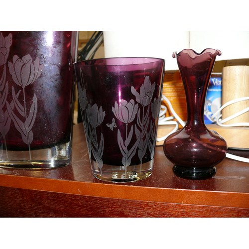 240 - 3 BEAUTIFUL PURPLE ETCHED GLASS VASES