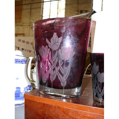 240 - 3 BEAUTIFUL PURPLE ETCHED GLASS VASES