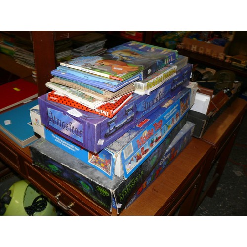 259 - LARGE COLLECTION OF GAMES AND BOOKS TO INCLUDE MOUSETRAP, ATMOSPHERE, DISNEY STORYBOARDS ETC