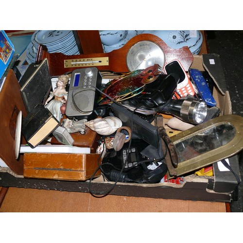 270 - LARGE BOX OF MIXED COLLECTABLES TO INCLUDE DIECAST VEHICLES, DAB RADIO, BAROMETER, BINOCULARS ETC