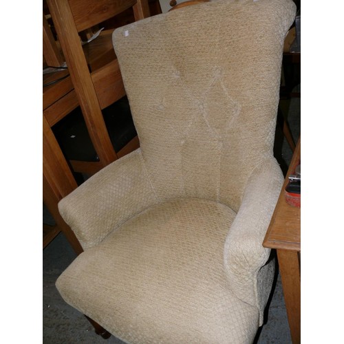 365 - LIBRARY CHAIR IN MUSTARD UPHOLSTERY WITH HIGH BUTTONED BACK