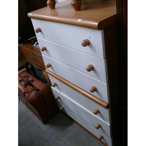 387 - TALL CHEST OF 6 DRAWERS - CREAM FRONTS, PINE EFFECT FRAME AND KNOBS