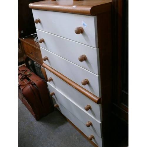 387 - TALL CHEST OF 6 DRAWERS - CREAM FRONTS, PINE EFFECT FRAME AND KNOBS