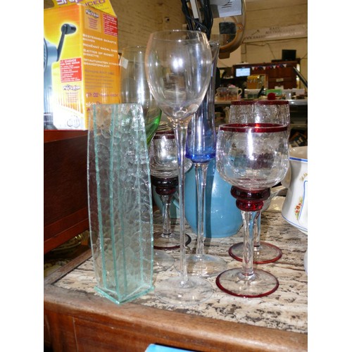 244 - COLLECTION OF COLOURED GLASSES WITH LONG STEMS TO INCLUDE 3 CRACKLE GLASS EFFECT