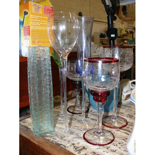 244 - COLLECTION OF COLOURED GLASSES WITH LONG STEMS TO INCLUDE 3 CRACKLE GLASS EFFECT