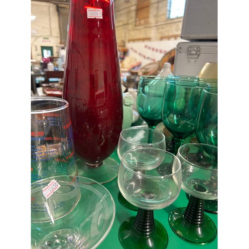 326 - QUANTITY OF RETRO COLOURED GLASSWARE. INC GOLDFISH BOWL VASES, LARGE GREEN GOBLETS, TALL RED VASE, G... 