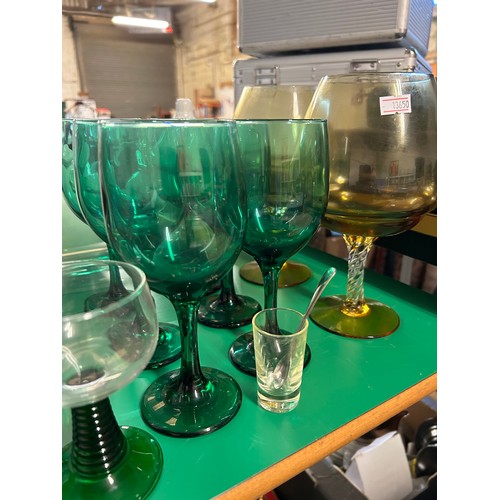 326 - QUANTITY OF RETRO COLOURED GLASSWARE. INC GOLDFISH BOWL VASES, LARGE GREEN GOBLETS, TALL RED VASE, G... 