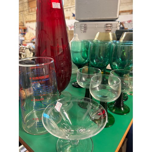 326 - QUANTITY OF RETRO COLOURED GLASSWARE. INC GOLDFISH BOWL VASES, LARGE GREEN GOBLETS, TALL RED VASE, G... 