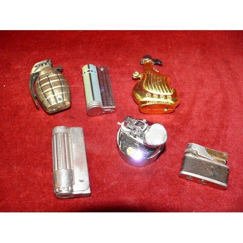 52 - 6 NOVELTY TABLE LIGHTERS TO INCLUDE 1 AS A GRENADE AND 1 A SHIP