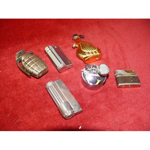 52 - 6 NOVELTY TABLE LIGHTERS TO INCLUDE 1 AS A GRENADE AND 1 A SHIP