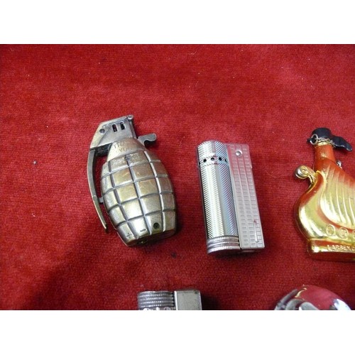 52 - 6 NOVELTY TABLE LIGHTERS TO INCLUDE 1 AS A GRENADE AND 1 A SHIP