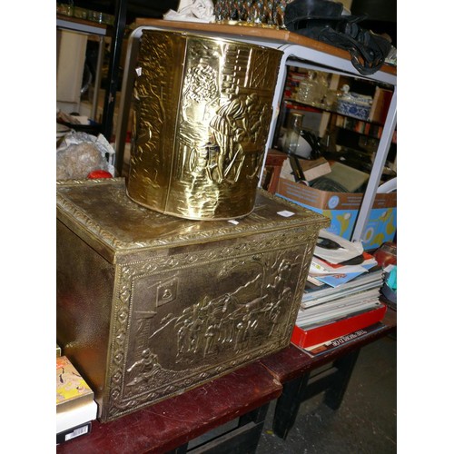 338 - BAMBOO AND PARQUETRY SIDE TABLE PLUS A BRASS COAL BOX AND BRASS BIN