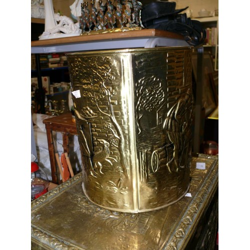 338 - BAMBOO AND PARQUETRY SIDE TABLE PLUS A BRASS COAL BOX AND BRASS BIN