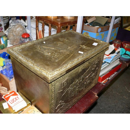 338 - BAMBOO AND PARQUETRY SIDE TABLE PLUS A BRASS COAL BOX AND BRASS BIN