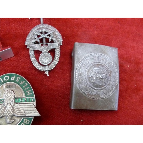 12 - WWII GERMAN ARMY BELT BUCKLE AND GERMAN BADGES Bergwacht Hilfspolizei Badge The insignia of the moun... 