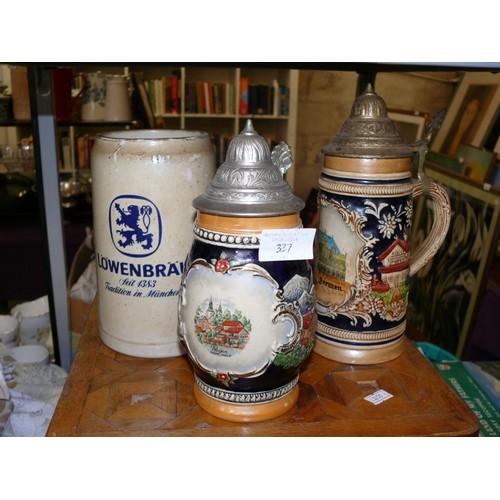 337 - 2 WEST GERMAN STEINS AND A STONEWARE TANKARD