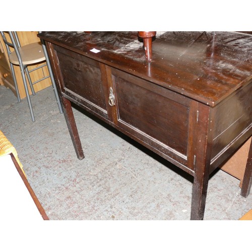 390 - VINTAGE DARK WOOD 2 DOOR CHEST ON LEGS