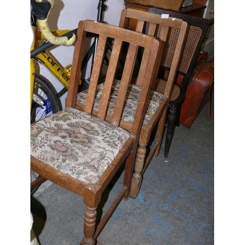 395 - A PAIR OF VINTAGE DINING CHAIRS WITH TAPESTRY SEATS AND A DARK WOOD CHAIR WITH CANE SEAT AND BACK