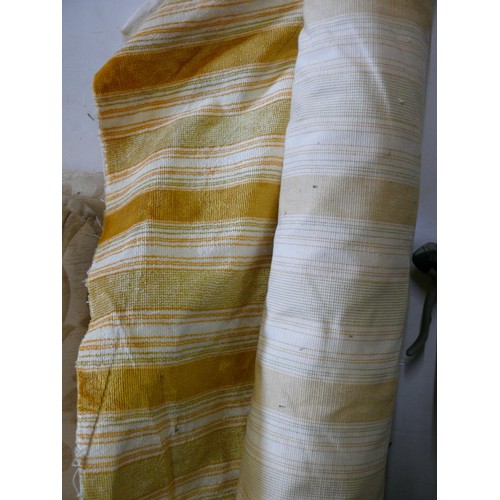 400 - A ROLL OF MUSTARD AND GREEN STRIPE FABRIC WITH CANVAS BACK