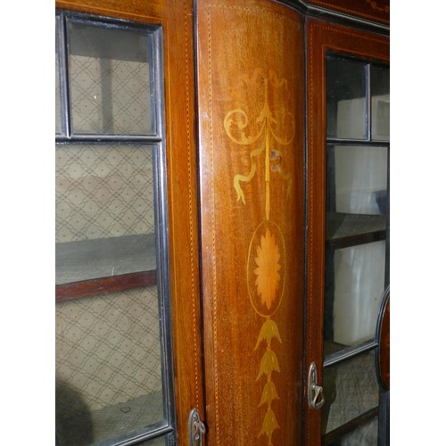 405 - EDWARDIAN MAHOGANY INLAID DISPLAY CABINET WITH LEADED GLASS PANELS ON SPLAYED LEGS